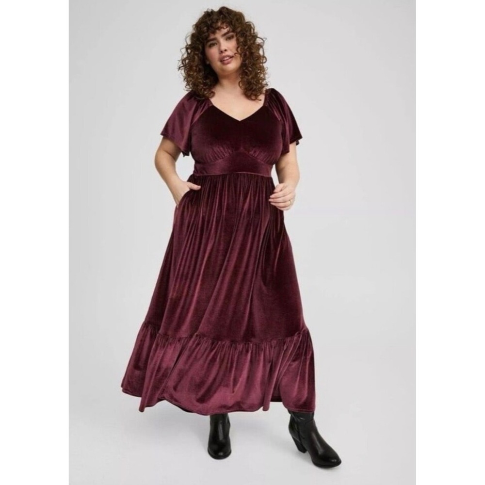 Torrid Winetasting Burgundy Stretch Velvet Flutter Sleeve Surplice Maxi Dress 4X